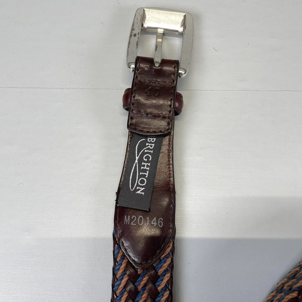Brighton Belt Mens 40 Brown Blue Tan Braided Leather Silver Buckle Woven Dress